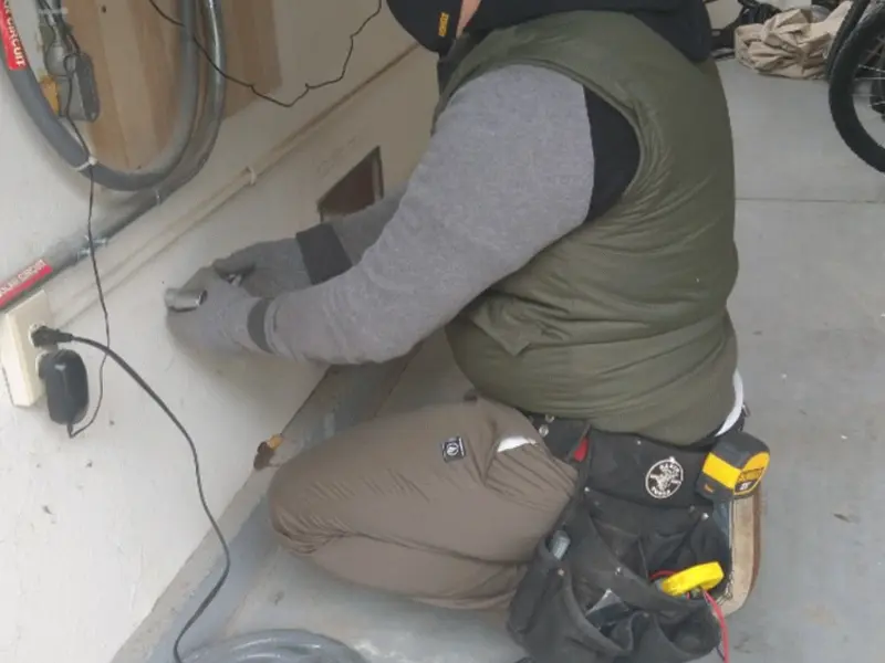 Electrician performing outlet wiring in a Grand Junction garage
